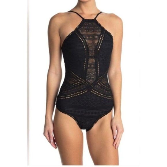 BECCA Color Play Crochet High Neck One-piece Bathingsuit Women's Size Medium - Picture 2 of 8